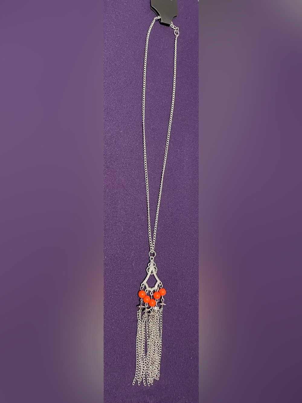 Delicate Long Silver Chain Necklace with Beaded Tassel Pendant